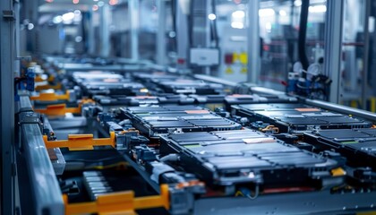 Close up view of mass production assembly line for electric vehicle battery cells