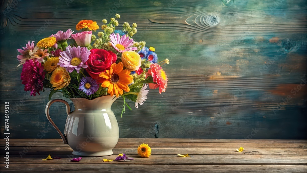 Poster Still life photo featuring a variety of colorful flowers arranged in a jug, flowers, arrangement, colorful, vase, petals