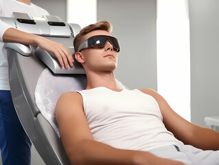 Naklejka premium Laser Treatment, Laser epilation and cosmetology, ultrasound face treatment in medical spa center, Doctor doing laser face and hair removal treatment, skin care concept by using laser