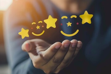Online customer satisfaction  businessman rates with smiling face and 5 star review in feedback app