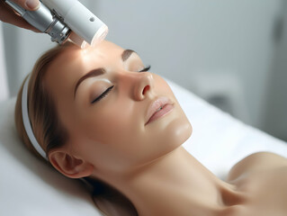 Naklejka premium Laser Treatment, Laser epilation and cosmetology, ultrasound face treatment in medical spa center, Doctor doing laser face and hair removal treatment, skin care concept by using laser