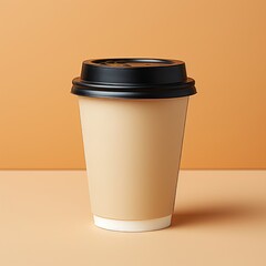 An isolated image of a coffee cup with a black lid on a soft peach background, ideal for branding and advertising. Simple, minimalistic, and elegant design.