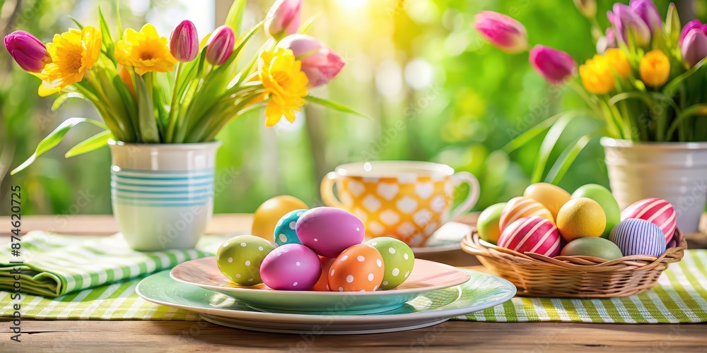 Poster Stock photo of a festive Easter table setting with colorful eggs in the background, Easter, eggs, decoration