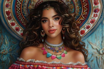 Detailed portrait of a woman with traditional headdress, symbolizing cultural heritage, beauty, and artistic expression