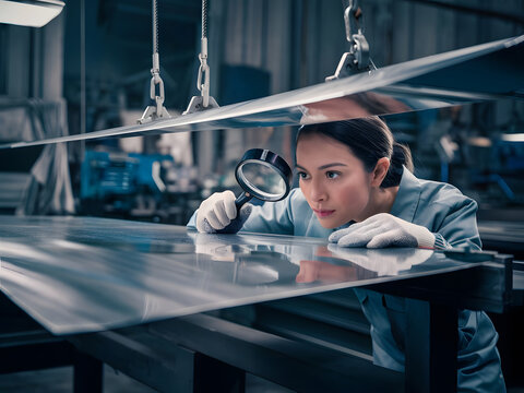 Mujer inspeccionando atentamente una gran hoja de metal brillante

