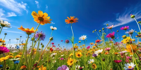 Spontaneous wildflowers blooming under a clear blue sky, wildflowers, bloom, nature, outdoors, sunny, day, vibrant, colorful