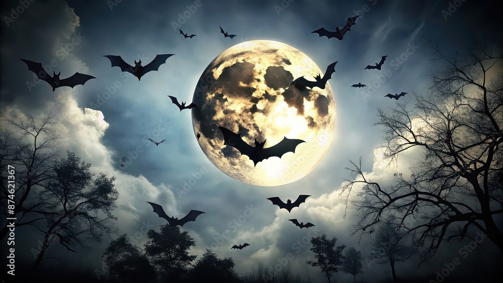 Canvas Prints Spooky Halloween background with silhouettes of bats flying in front of a full moon, Halloween, background, bats, spooky