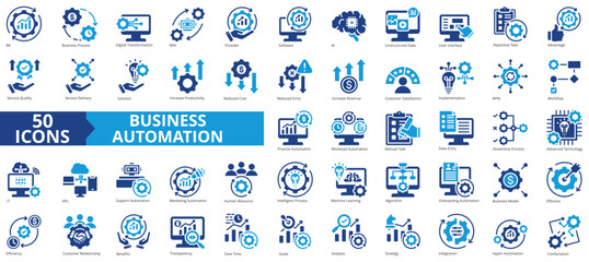 Business automation icon collection set. Containing process, digital transformation, industry 4.0, productivity, technology, business, integration icon. Simple flat  vector illustration.