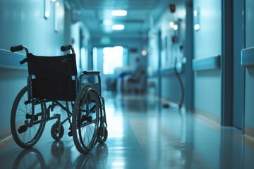 Hospital corridor with empty wheelchair, panoramic view of lud, blurred background, copy space
