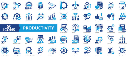 Productivity icon collection set. Containing time management, work plan, engineering, efficiency, production, goods, services icon. Simple flat vector illustration.