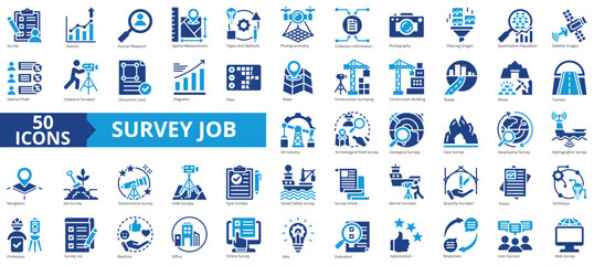 Survey job icon collection set. Containing statistic, measurement, information, methodology, construction, collection, opinion icon. Simple icon vector illustration.