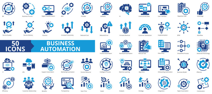 Business automation icon collection set. Containing process, digital transformation, industry 4.0, productivity, technology, business, integration icon. Simple flat  vector illustration.