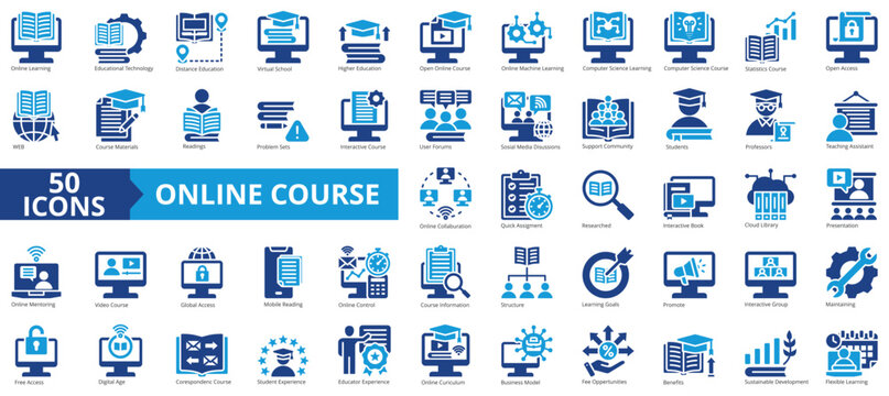 Online course icon collection set. Containing online, course, learning, education, machine learning, presentation, class icon. Simple flat vector illustration.