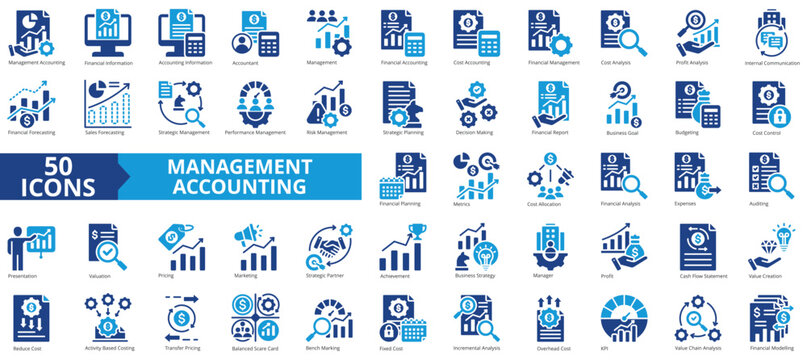 Management accounting icon collection set. Containing economy, business, financial, management, analysis, performance, strategy icon. Simple flat vector illustration.