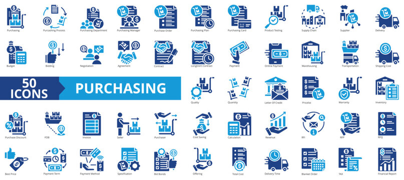 Purchasing icon collection set. Containing order, plan, supply chain, supplier, delivery, negotiation, agreement icon. Simple flat vector illustration.