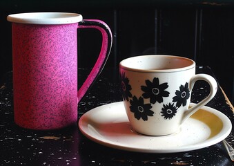 Fototapeta premium Stylish Retro Pink Mug and White Ceramic Cup with Black Flower Design on a Black Speckled Tabletop