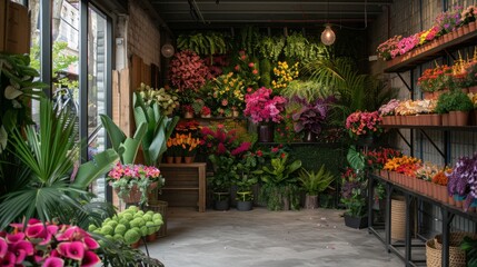 flower shop atmosphere, the florists shop is adorned with vibrant blooms and lush greenery, creating a fresh and beautiful atmosphere for customers