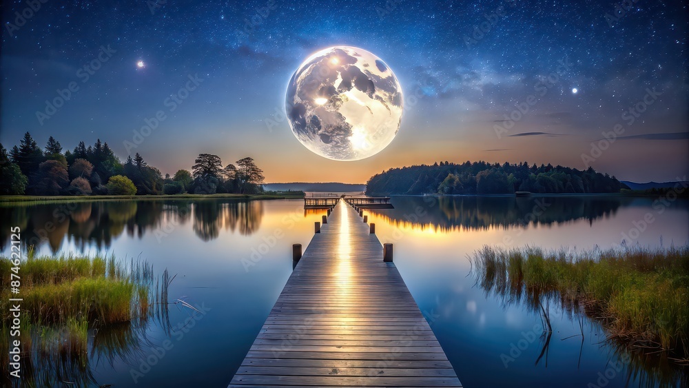 Wall mural Supermoon rising over a tranquil lake, casting a pathway of light , supermoon, rising, tranquil, lake, pathway, light, reflection