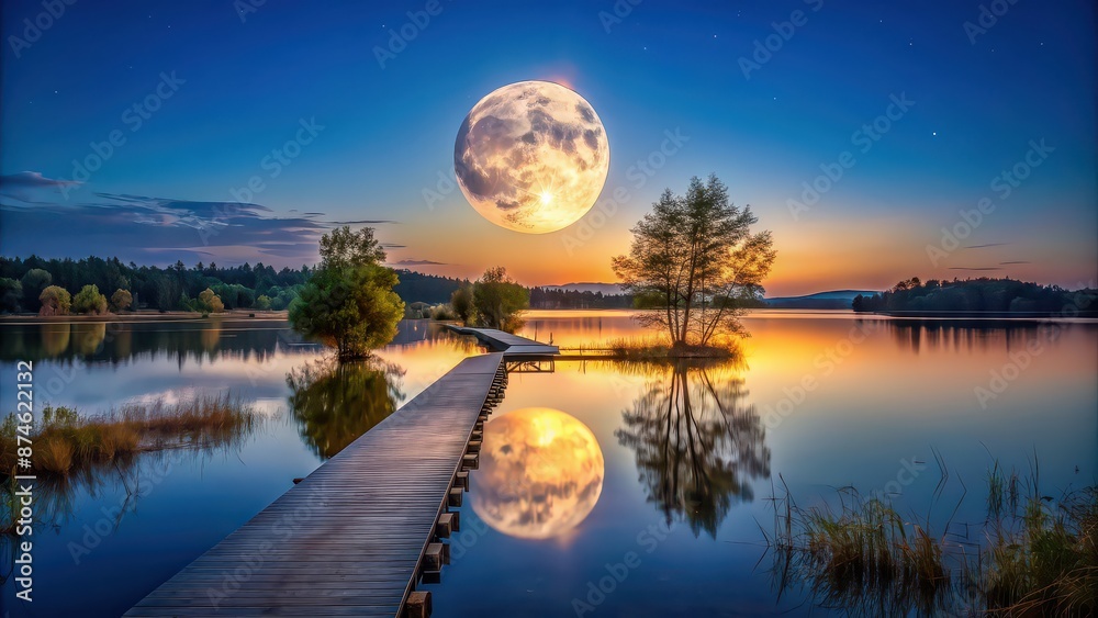 Sticker Supermoon rising over a tranquil lake, casting a pathway of light , supermoon, moon, rising, tranquil, lake, reflection