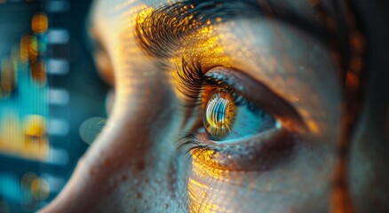 A close-up of an eye with stock market charts reflected in it, symbolizing the precision and focus captured for financial photography.