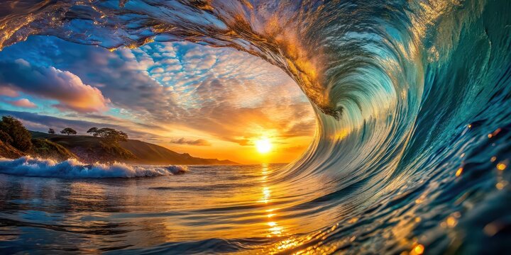 Stunning inside view of a sunset ocean wave with reflecting sunlight , ocean, wave, sunset, sunlight, reflection, beautiful