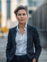 Obraz premium Professional businesswoman with short hair standing outdoors. Confident pose in navy suit and white shirt. Serious expression conveys determination. Urban background with buildings.