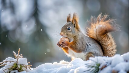 Squirrel holding a nut in its mouth in snowy forest setting, squirrel, nut, winter, snow, forest, wilderness, cute, wild animal