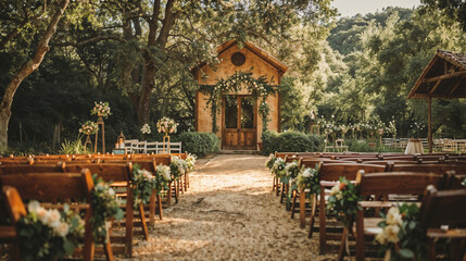 Rustic outdoor wedding chapel in lush forest setting. Wooden benches and floral decorations line aisle leading to charming structure. Romantic venue for nature-inspired ceremonies.