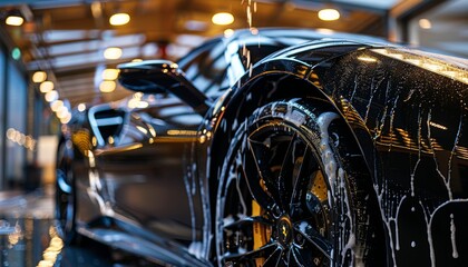 Professional car wash  luxurious black sports car undergoes meticulous shampooing service
