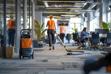 Professional cleaners utilizing vacuum in large office space with employees in the background
