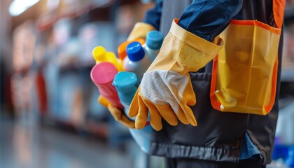 Janitor equipped with cleaning tools, prepared for tasks with blurred background setting