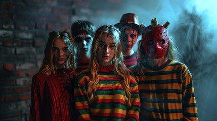 Fototapeta premium Group of young people wearing striped sweaters and gloves Halloween costumes