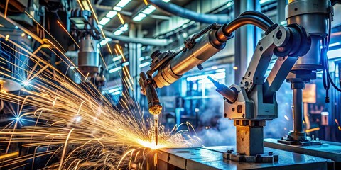 Advanced robotic welding arm precisely joins metal parts amidst sparks and smoke, showcasing cutting-edge technology and innovative manufacturing techniques in a modern industrial setting.