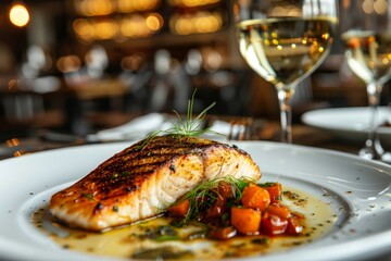 Elegant restaurant setting with grilled fish fillet and white wine pairing for sophisticated dining