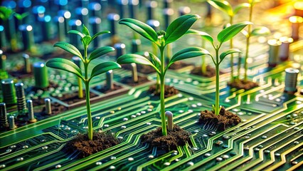 Vibrant green shoots emerge from circuit boards and wires, blending organic and synthetic elements, symbolizing harmonious coexistence and eco-friendly innovation in futuristic landscape.