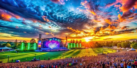 Fototapeta premium Vibrant outdoor music festival scene with colorful staging, bright lights, and a sprawling grassy lawn under a radiant blue sky with fluffy white clouds.