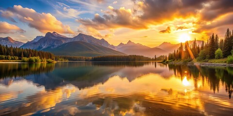Sunrise casting a warm glow over a tranquil lake, with majestic mountains in the background , sunrise, reflection, lake, mountains