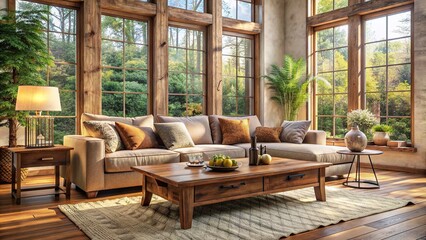 Cozy living room with plush sofa, rustic wooden coffee table, and large window flooding the space with warm, soft natural light and elegant atmosphere.