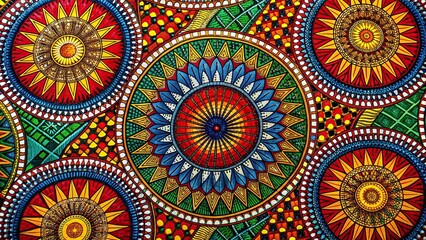 Vibrant colors dance across bold geometric patterns on African wax print fabric, celebrating rich cultural heritage and artistic expression in every intricate, mesmerizing detail.