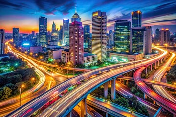 Fototapeta premium Vibrant cityscape comes alive at night, neon lights dancing across skyscrapers, bustling streets, and energetic freeway traffic, capturing the dynamic urban pulse in motion.