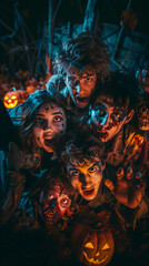 Group of young people in terrifying horror Halloween costumes with mutant zombies