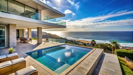 Obraz premium Spacious luxury property with pool, stunning views of ocean, sky, and coastal landscape, luxury, property, spacious, pool, views