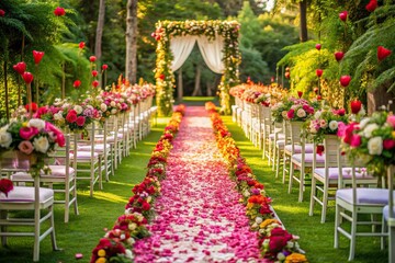 Fototapeta premium Vibrant flowers and lush greenery surround a vacant wedding ceremony aisle, adorned with a sprinkling of delicate petals, radiating joy and celebratory atmosphere.