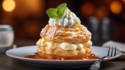 The Indulgent Cream Puff Extravaganza of Fluffy Pastry Shells with Rich and Creamy Vanilla Filling. Ideal for use in bakery promotions, dessert menus, culinary blogs, and food photography portfolios.