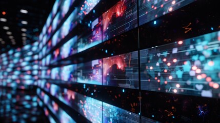 Futuristic technological environment with digital screens showcasing big data analysis, charts, graphs, and network connections