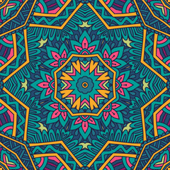 Abstract Festive Mandala vintage indian textile ethnic seamless pattern ornamental. Vector colorful aztec geomertric art background