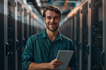  Portrait of Handsome Smiling IT Specialist Using Tablet Computer in Data Center, Looking at Camera. Succesful Male e-Business Engineer Working in Big Server Farm Cloud Computing Facility