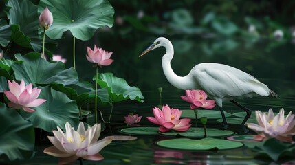 White Egret in a Lotus Pond