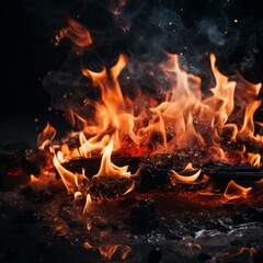 Fototapeta premium A mesmerizing depiction of dancing flames from a campfire, crackling and illuminating the night sky. Conveys warmth, coziness, and the enchanting ambiance of a campfire gathering.