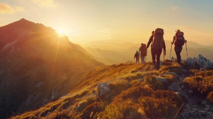 group of people walking between mountains in the middle of a beautiful sunset generative ai